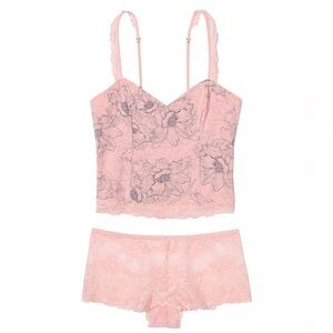 Victoria’s Secret Pink Grey Modal & Lace Cropped Cami Set Medium tank boyshorts